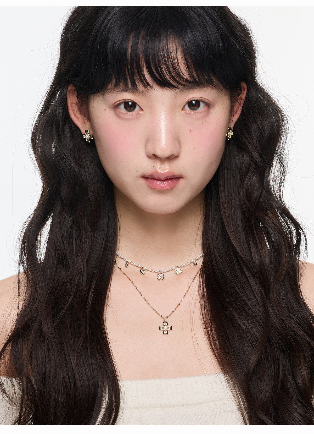 Button Series Small Flower Double-Layer Pearl Necklace Set, Design Statement 2-Piece Set