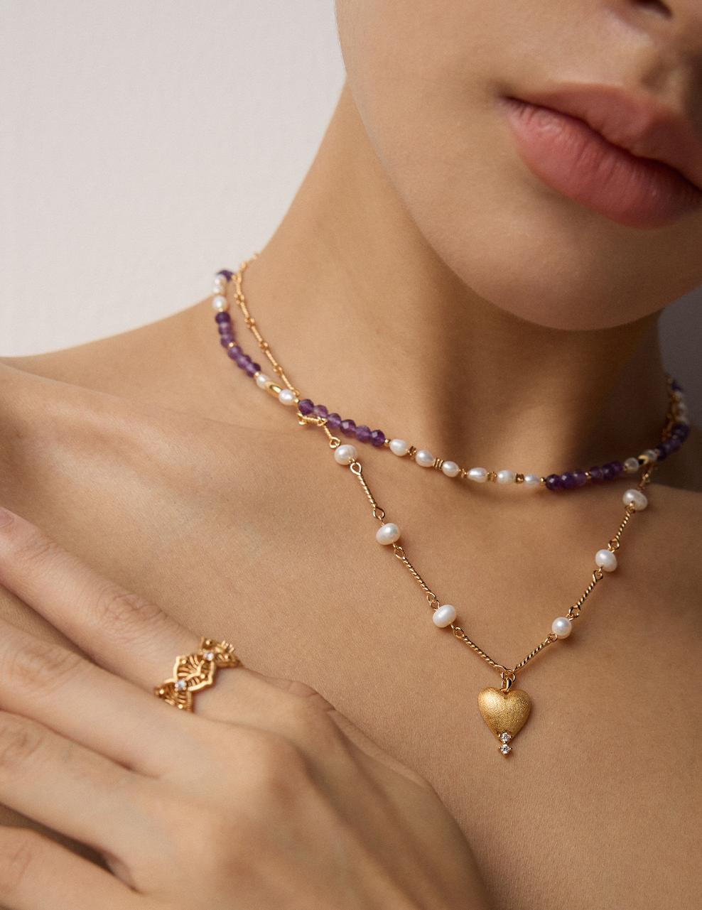 S925 Sterling Silver Vintage Necklace with Natural Pearl and Amethyst