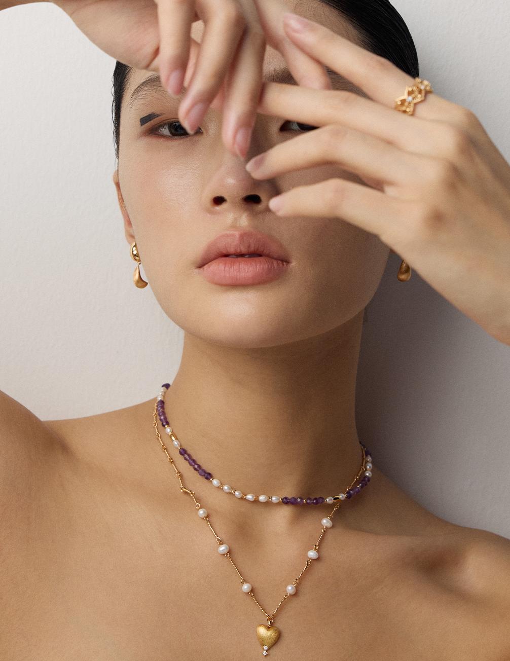 S925 Sterling Silver Vintage Necklace with Natural Pearl and Amethyst