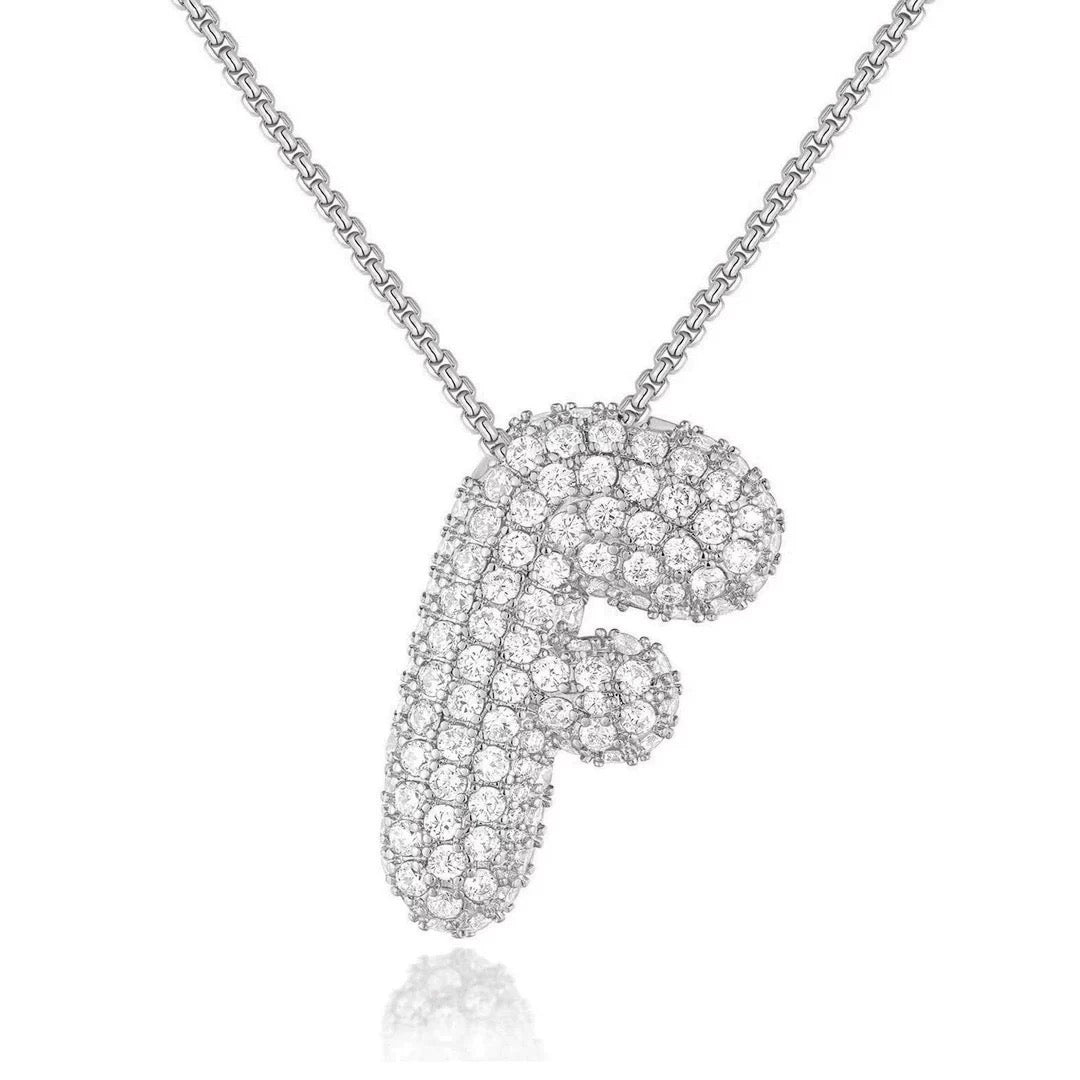 Fashion Bubble Letter Necklace – 26 Initial Pendant with Sparkling Zircon Design