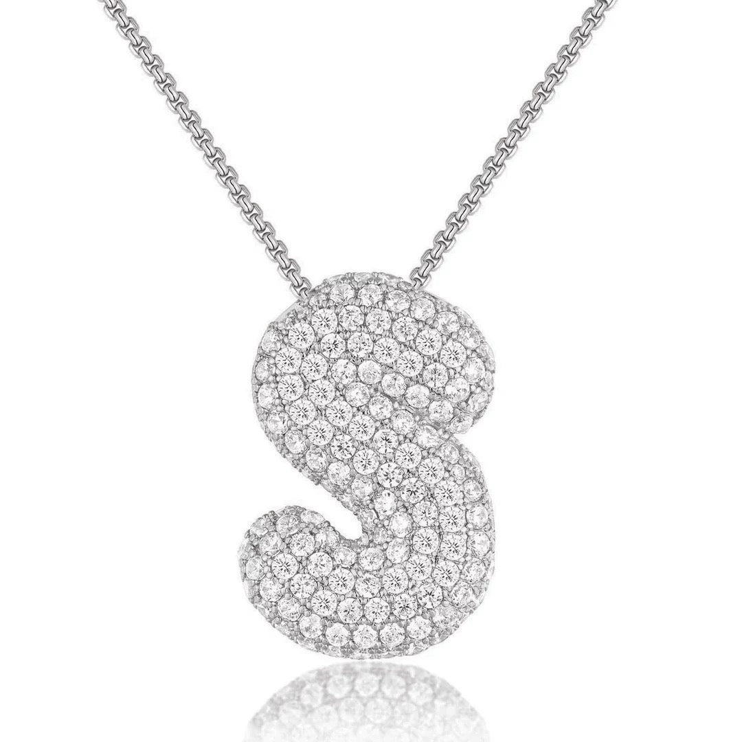 Fashion Bubble Letter Necklace – 26 Initial Pendant with Sparkling Zircon Design