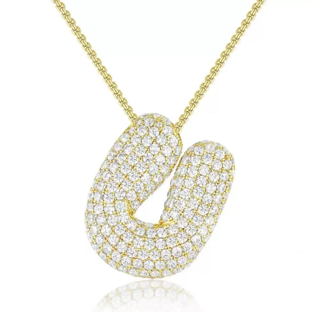Fashion Bubble Letter Necklace – 26 Initial Pendant with Sparkling Zircon Design
