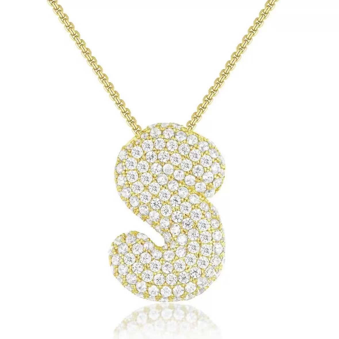 Fashion Bubble Letter Necklace – 26 Initial Pendant with Sparkling Zircon Design
