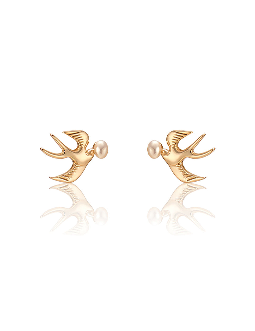 Flying Swallow Pearl Earrings - Art Nouveau Inspired Bird Studs, Luxury Minimalist Ear Jewelry