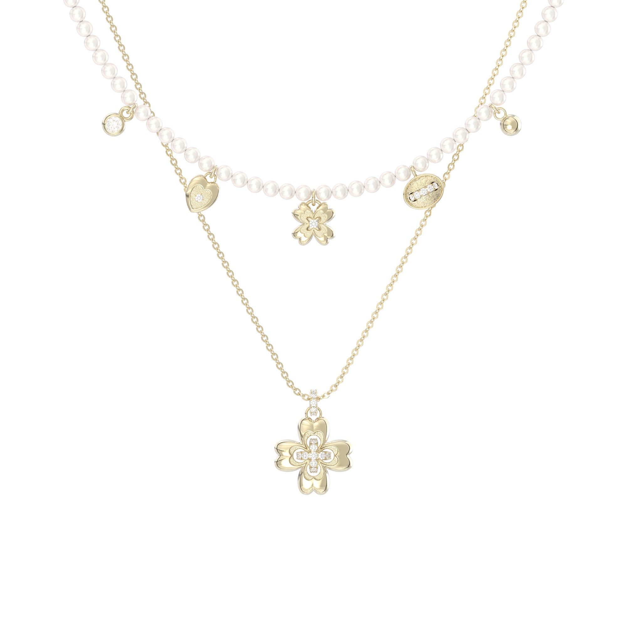 Button Series Small Flower Double-Layer Pearl Necklace Set, Design Statement 2-Piece Set