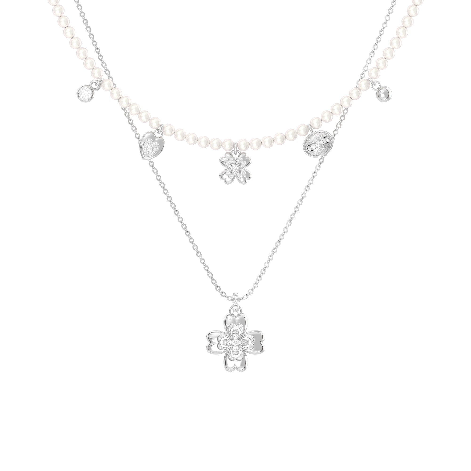Button Series Small Flower Double-Layer Pearl Necklace Set, Design Statement 2-Piece Set