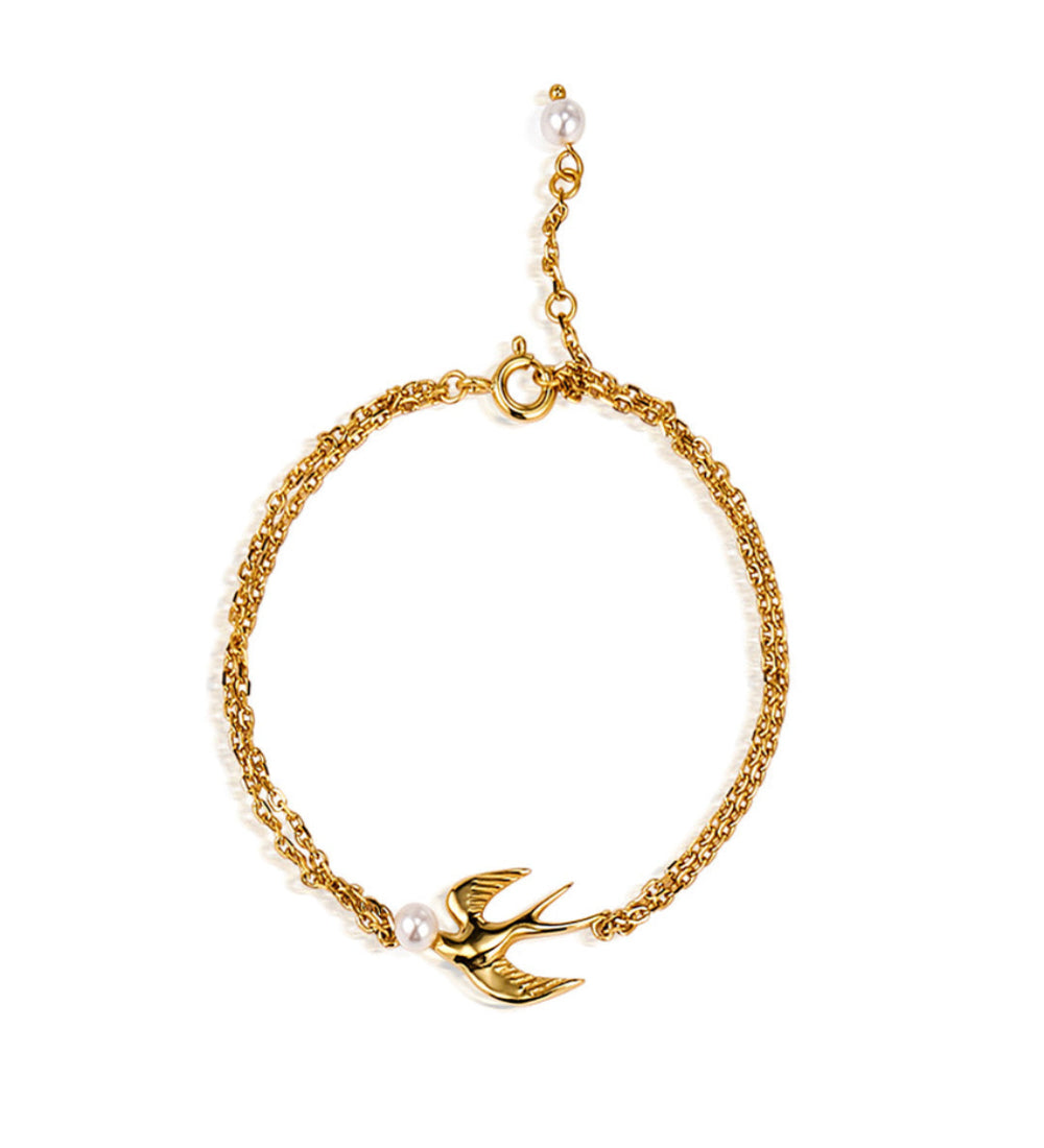 Art Nouveau Swallow Bracelet - A Flying Bird Pearl Chain in Motion