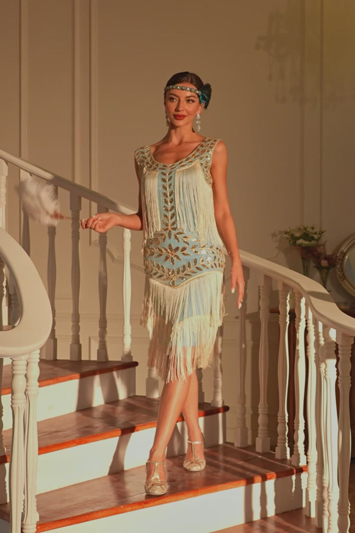 Blue Apricot 1920s Gatsby-Style Round-Neck Flapper Dress with Sequins & Fringe