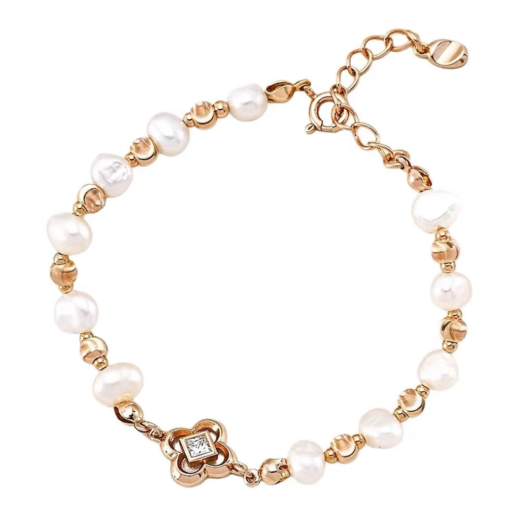 S925 Silver Pearl Four-Leaf Clover Charm Bracelet