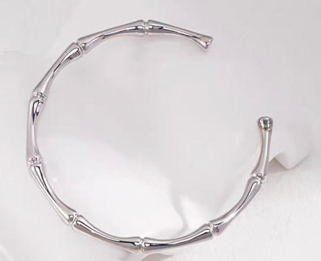 Sterling Silver Bamboo Joint Bangle Bracelet, Minimalist Elegant Chinese-Inspired Design