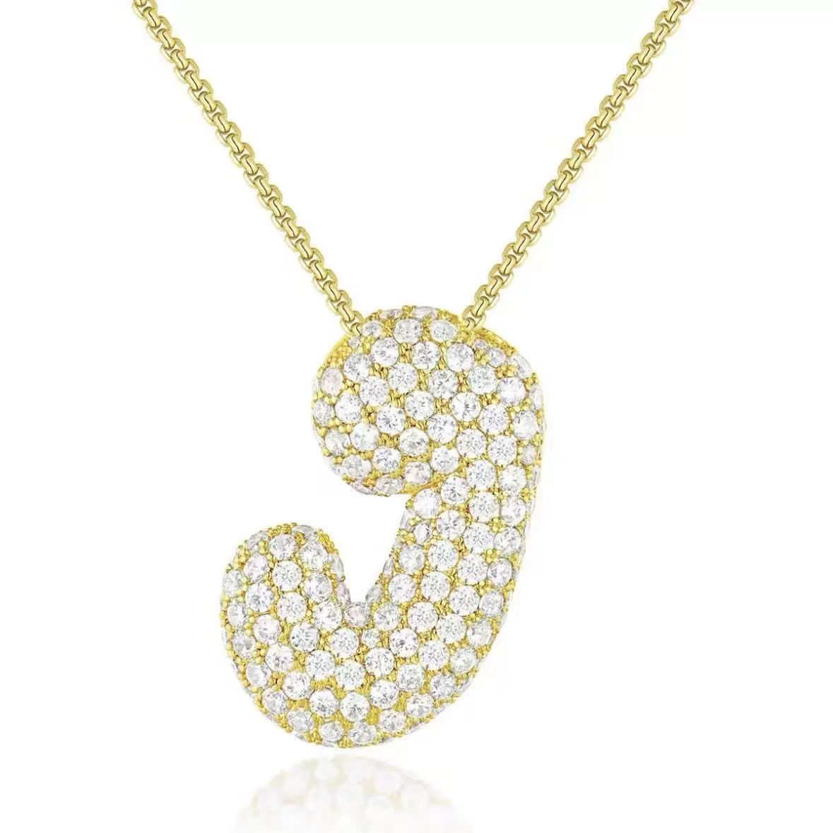 Fashion Bubble Letter Necklace – 26 Initial Pendant with Sparkling Zircon Design