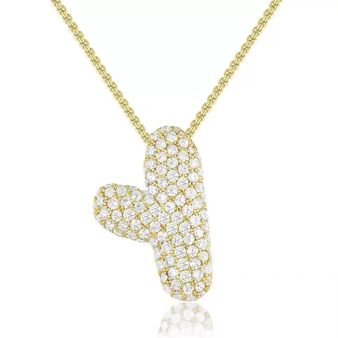 Fashion Bubble Letter Necklace – 26 Initial Pendant with Sparkling Zircon Design